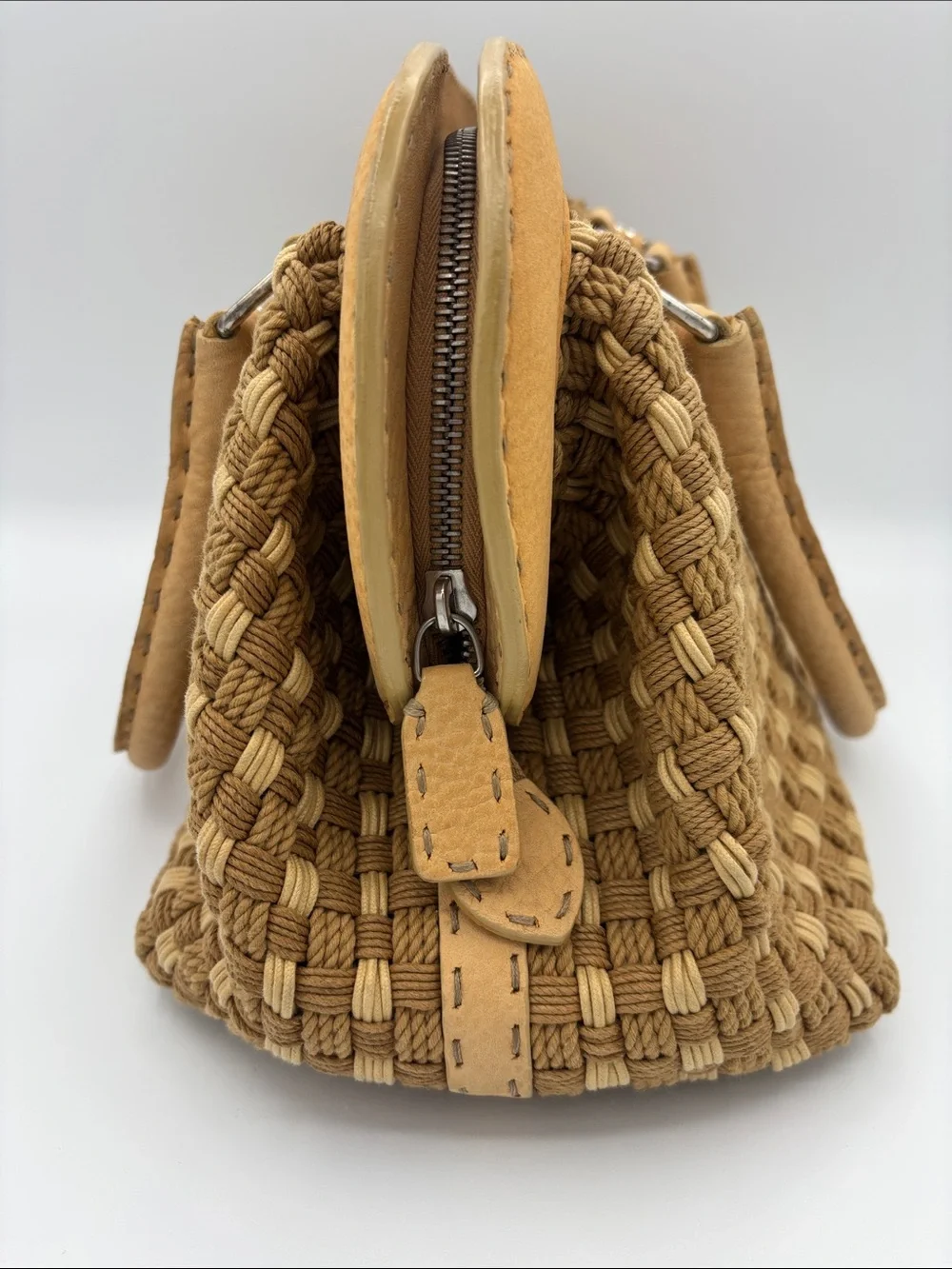 Authentic Fendi Selleria Woven Doctor Bag - Tan - Jute/Cotton Cording - EUC